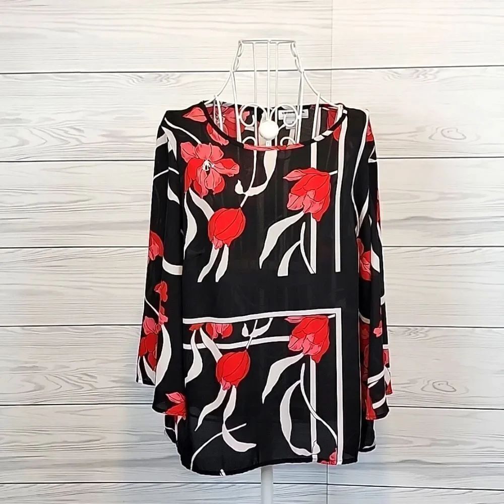 Liz Claiborne floral print blouse with kimono sleeves black & red Women's Size M